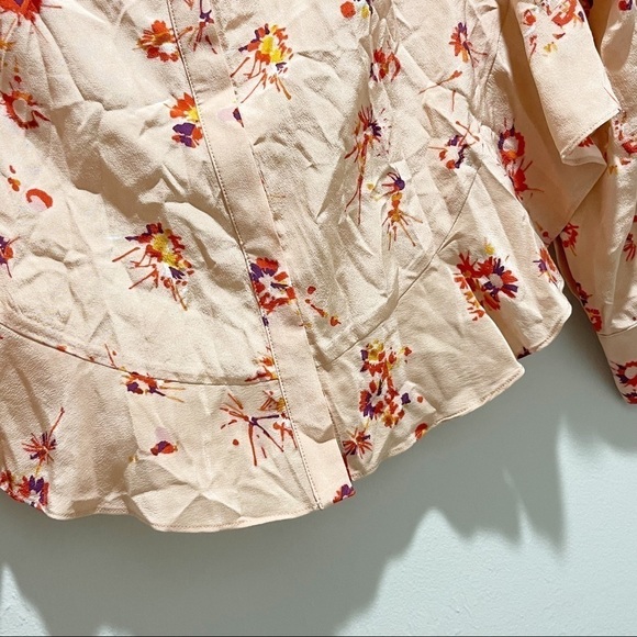 FOUNDRAE Women’s Peach Floral Silk Button Up Ruffle Hem Long Sleeve Blouse Sz 4 - Picture 5 of 9